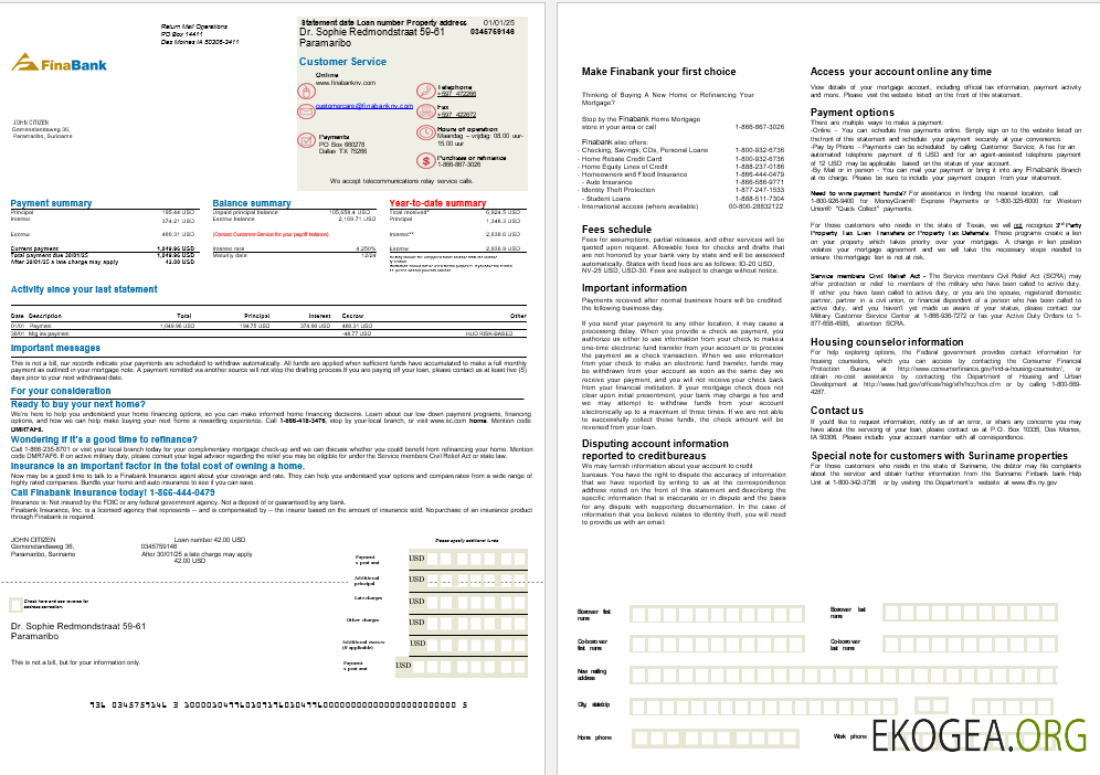 Relevé hypothécaire de la banque Suriname Finabank aux formats Word et PDF, 2 pages